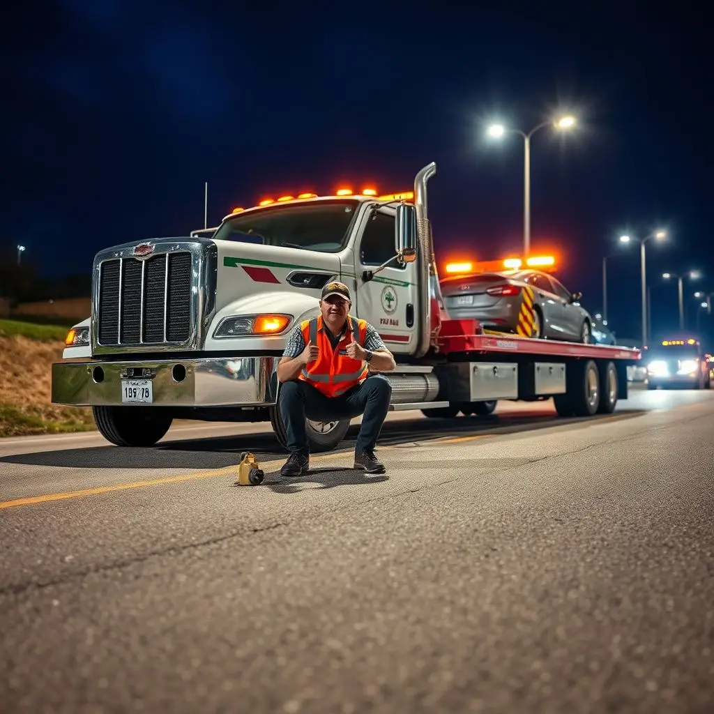 A clean, professional flatbed tow truck parked safely on a quiet residential street in Rossford, Ohio.