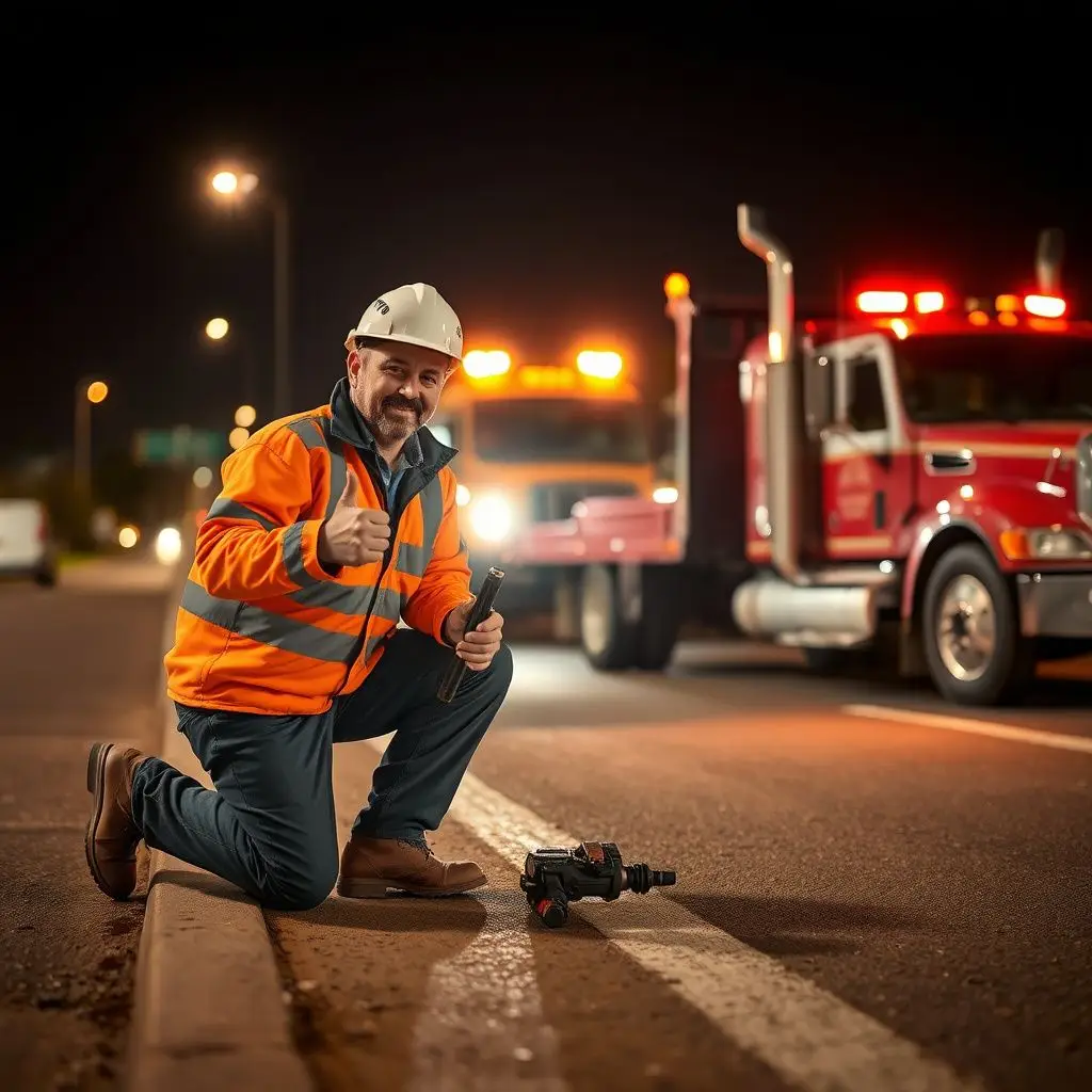 A clean flatbed tow truck parked under streetlights in Toledo, ready for dispatch.
