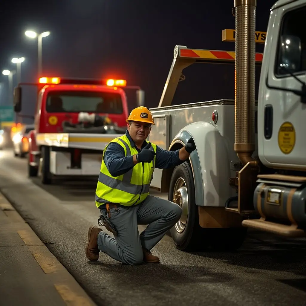 A professional tow truck operator securing a vehicle onto a flatbed tow truck on a clear day in Monroe, MI.