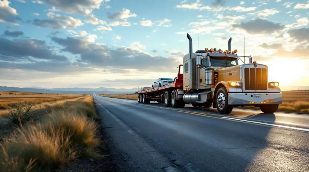 A flatbed tow truck transporting a sedan down an interstate highway near Temperance under clear golden hour skies.
