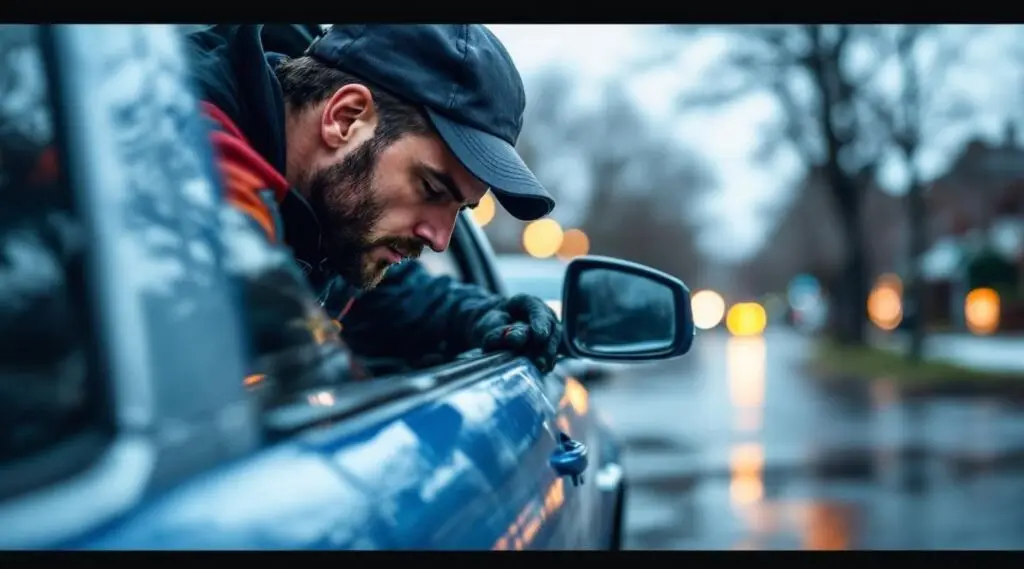 Roadside technician using an air wedge and long reach tool to safely unlock a sedan on a rainy evening in Temperance.