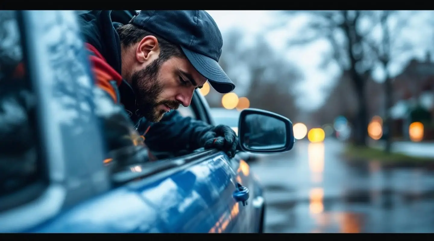 Roadside technician using an air wedge and long reach tool to safely unlock a sedan on a rainy evening in Toledo.