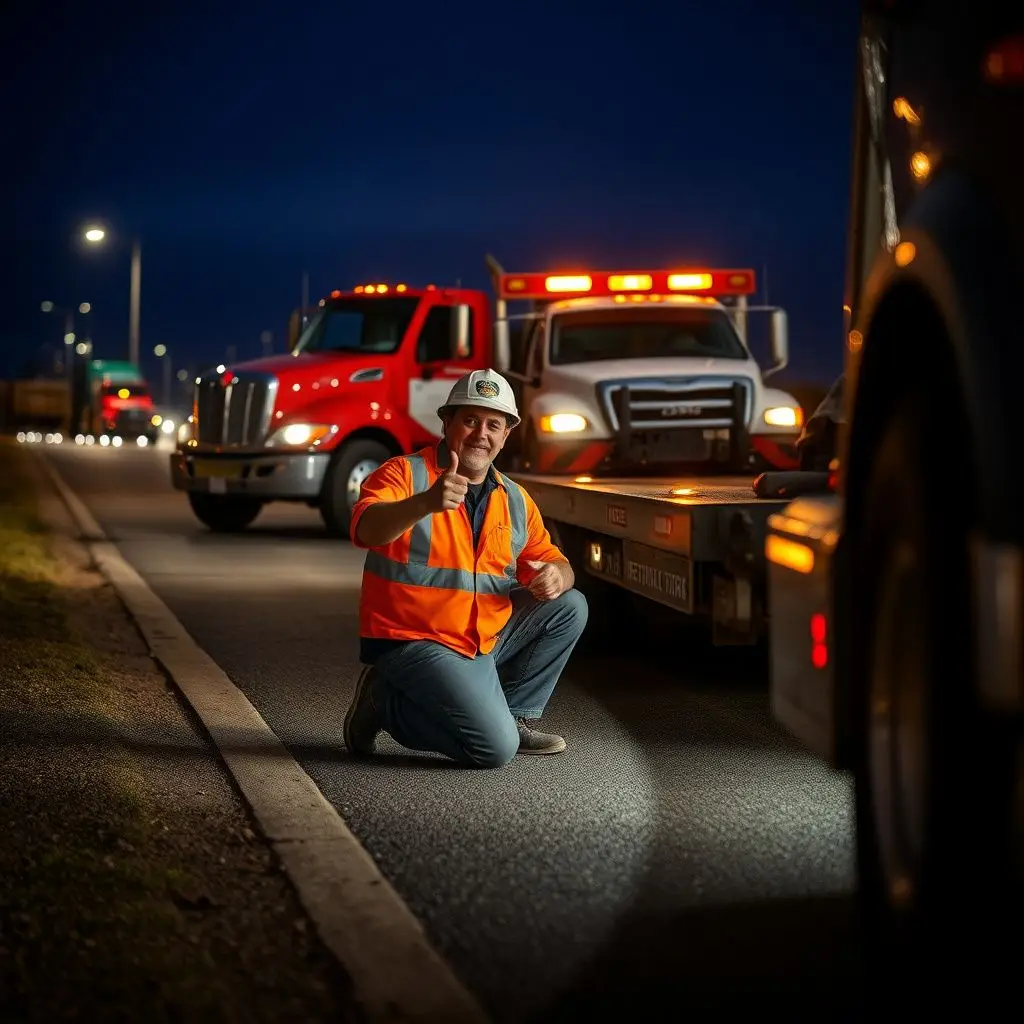 A flatbed tow truck parked safely on a Holland street with its warning lights active during a roadside call