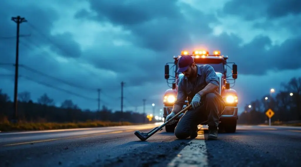 A Kammer's Towing flatbed truck with amber lights loading a disabled vehicle on Alexis Road in Temperance at dusk.