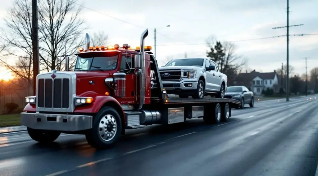 Kammer's Towing flatbed tow truck loading a vehicle on a Toledo road at dusk with professional safety lighting.